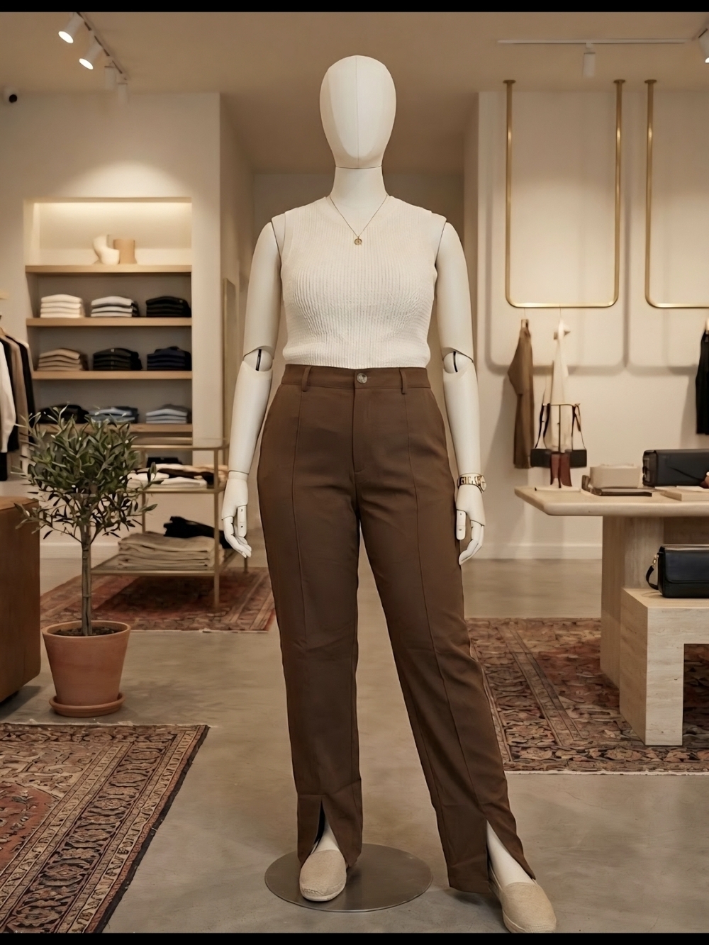 Shein Brown High-Rise Straight-Leg Trousers with Split Hem Size XL